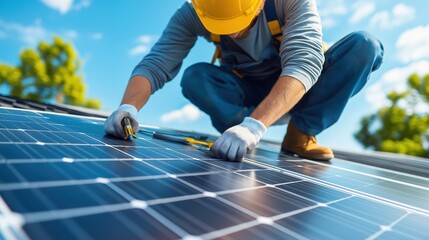 Solar panel technician in work uniform installing or repairing photovoltaic solar panels on the rooftop of a residential or commercial building