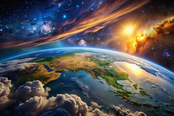 Stunning view of Earth from space showcasing vibrant colors and clouds against a dark starry backdrop
