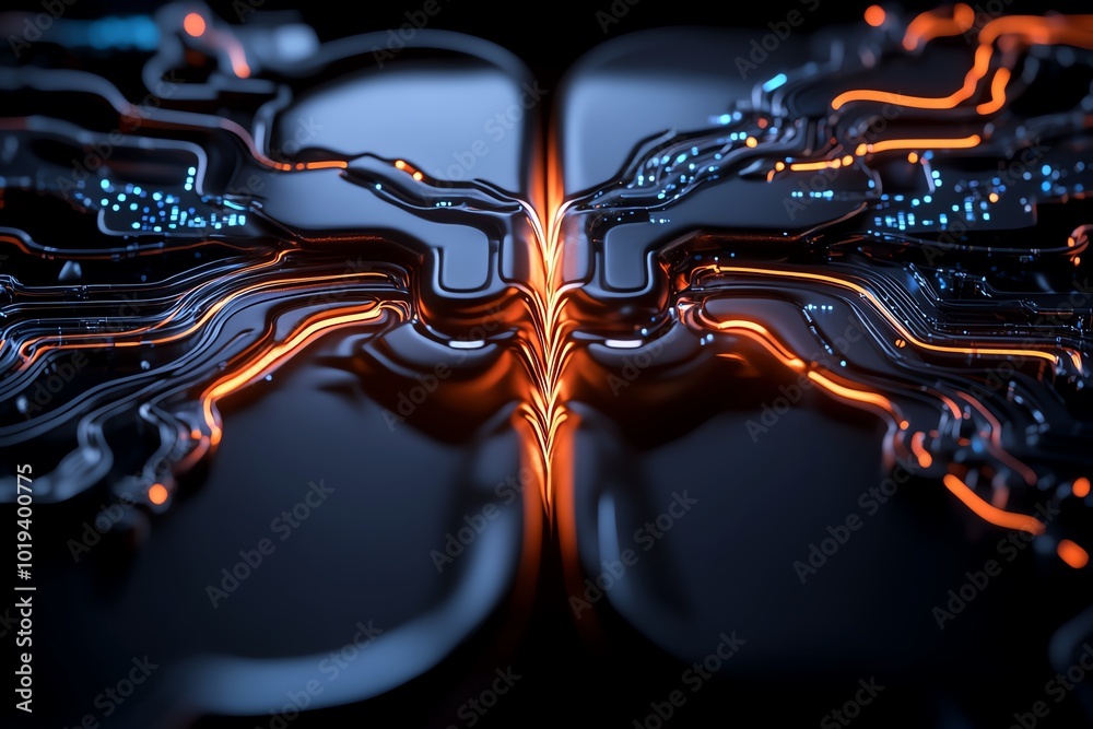 Aufkleber Futuristic image of an artificial intelligence being split between light and dark, with contrasting data streams flowing from each side, representing the dualism of technology