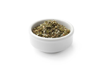 Dried oregano in bowl isolated on white