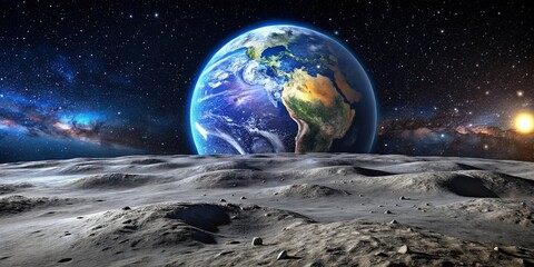 Stunning View of Earth from the Moon's Surface with Stars and Lunar Landscape in the Foreground