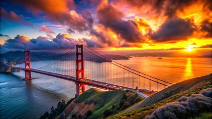 Obraz premium Stunning view of Golden Gate Bridge from Hawk Hill with vibrant sunset and dramatic clouds overhead