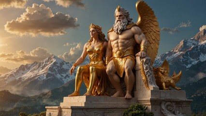 Fototapeta premium Sculpt Zeus and Hera ruling the gods together atop Mount Olympus, set against a golden palace and sacred light, symbolizing power and alliance.