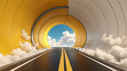 Fototapeta premium 3d render, abstract minimal yellow background with white clouds flying out the tunnel