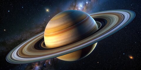 Stunning View of Saturn from Earth with Clear Rings and Starry Night Sky Background