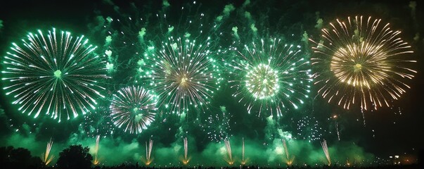 Fototapeta premium Spectacular Green Fireworks Display Illuminating the Night Sky with Vibrant Colors and Patterns