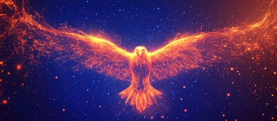 and point eagle in flames style on dark background with an inscription. Starry sky or space, consisting