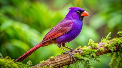 Obraz premium Stunning Violet Purple Cardinal Bird Perched on a Branch in a Lush Green Natural Environment