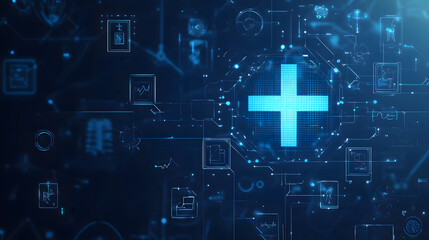Fototapeta premium Abstract futuristic medical technology background design with a digital blue glowing cross and icons of a hospital, science lab design, or research center on a dark navy backdrop design