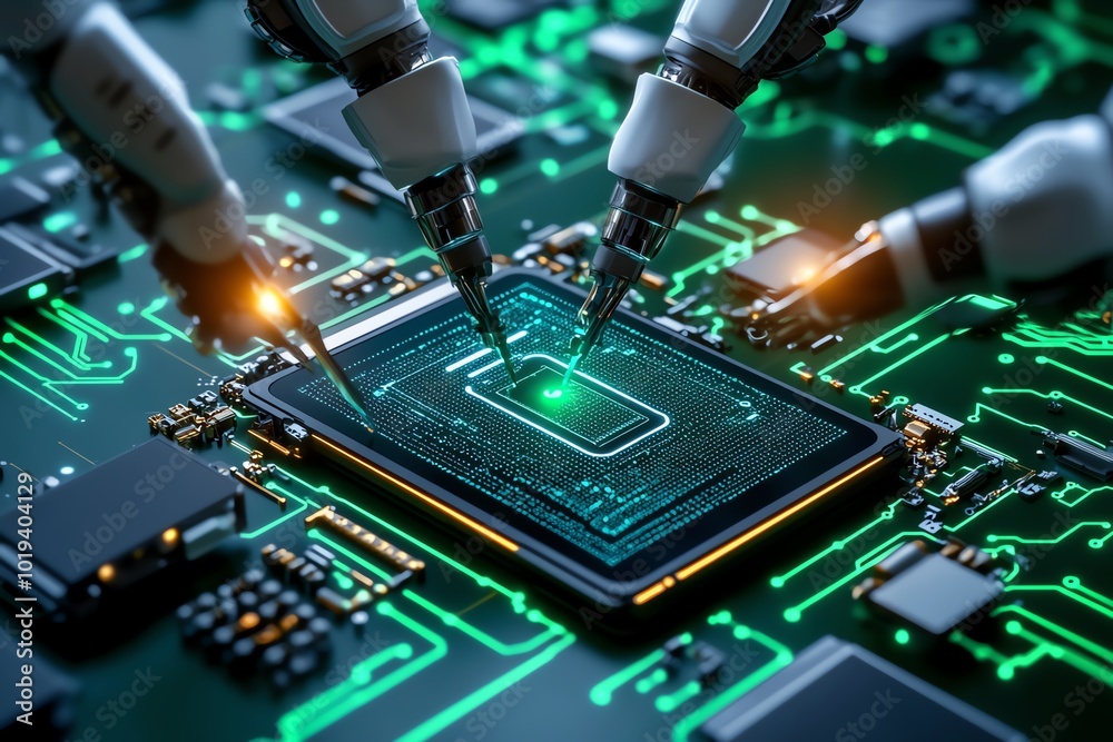 Poster Futuristic scene of an AI-powered reverse engineering process, with robotic arms disassembling a device while a digital interface maps out its components in real-time