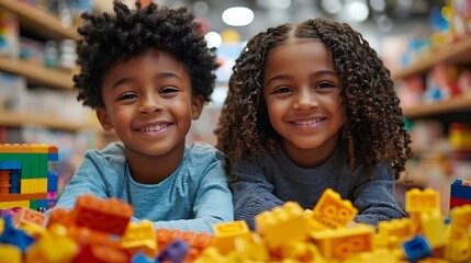 Happy Black Children Playing with Colorful Building Blocks
