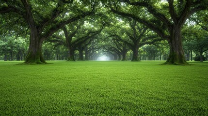 Obraz premium Serene Forest Path with Lush Green Grass and Mist Nature Photography Trees Woodland