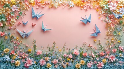 Paper Butterflies and Flowers on a Pink and Green Gradient Background