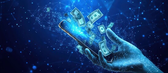 Naklejka premium online money concept on blue technology background. Low poly wireframe