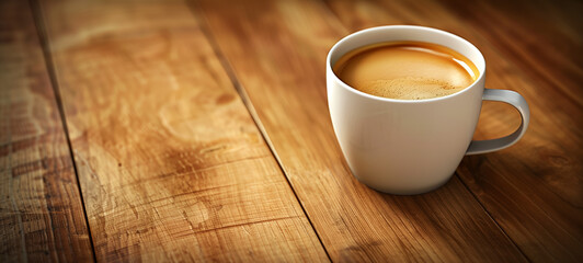 Obraz premium White coffee cup on wooden table with warm lighting