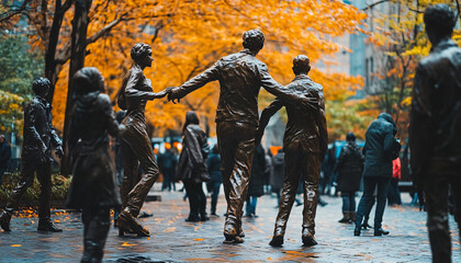 Obraz premium People interacting with public sculptures or monuments as though part of the artwork
