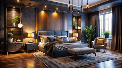 Stylish Dark Wall Bedroom Design with Modern Decor, Cozy Atmosphere, and Elegant Lighting Fixtures