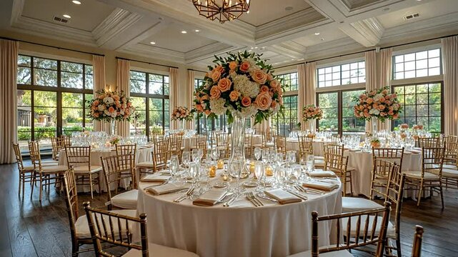 Elegant banquet hall set for a wedding reception with floral arrangements and fine dining footage