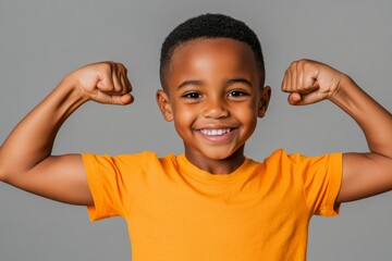 Confident and Empowered: A Smiling Boy Flexing His Muscles