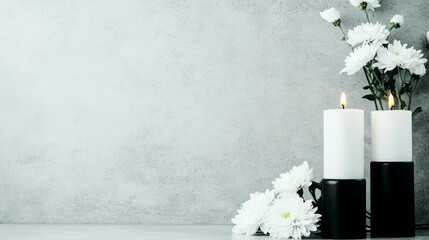 Two white candles burning on a gray background with white flowers.
