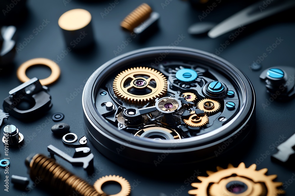 Poster hyper-realistic close-up of a disassembled mechanical watch, with intricate gears and springs laid o