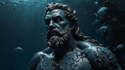 Sculpt Poseidon exploring the ocean depths with underwater machines, set against oceanic technology and deep-sea creatures, symbolizing the symbiosis of technology and nature.