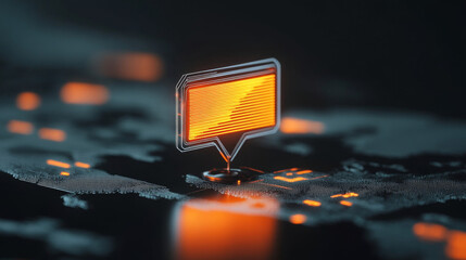 A glowing orange chat bubble icon on a dark background, representing online communication.