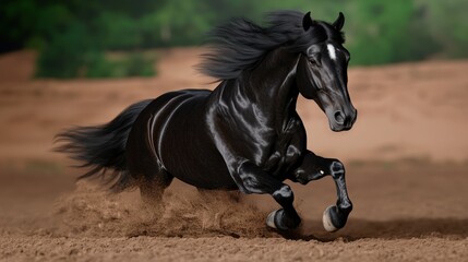 Black Horse Running Through Sand   Dynamic Equestrian Photography