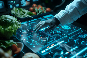 Obraz premium Future Foods, Trends and Innovations. holographic display in futuristic laboratory, glowing interface technology. Sustainable and personalized