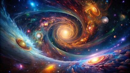 Surreal depiction of the time space continuum with swirling galaxies and cosmic phenomena in motion