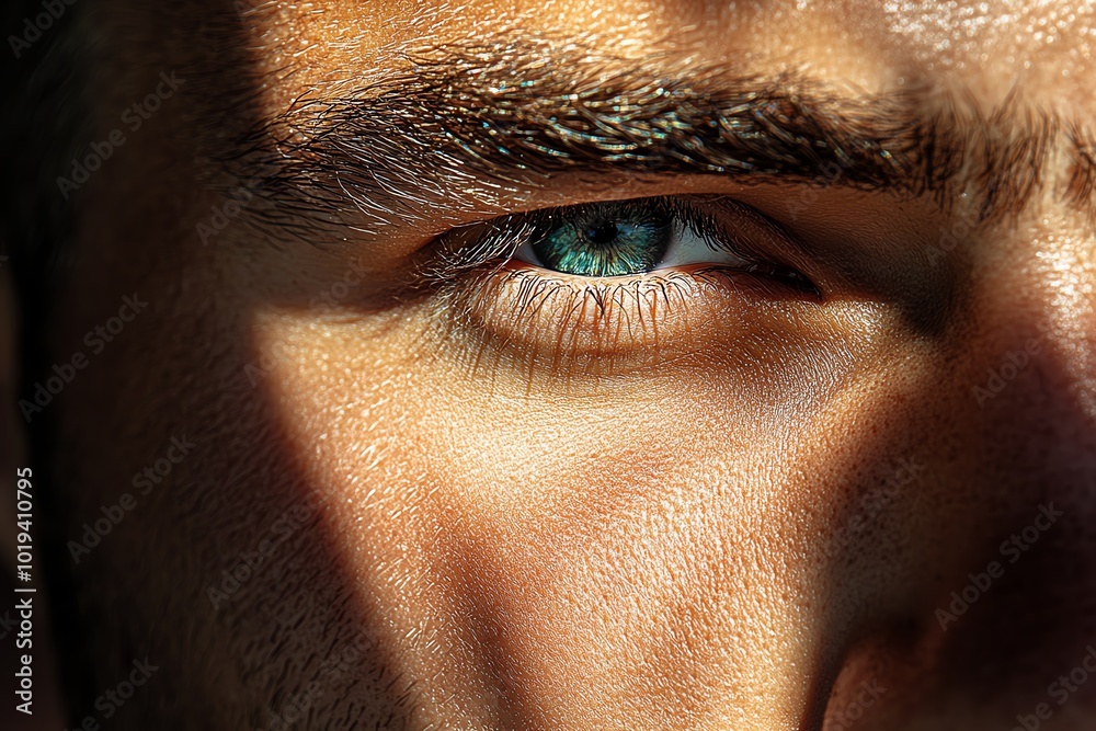 Aufkleber Hyper-realistic close-up of a face, split down the middle with one half in bright light and the other in deep shadow, symbolizing the duality of self