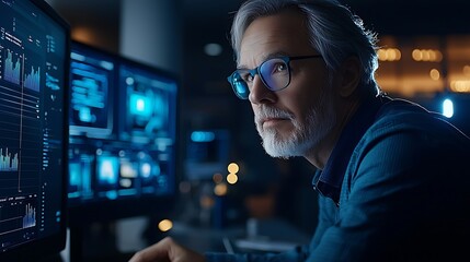 Fototapeta premium Mature Man Working Late at Computer with Data Analytics Charts on Screen