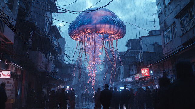 An elaborate 3d anamorphic street art Installation featuring a floating jellyfish extruding out of a wall in a industrial city.