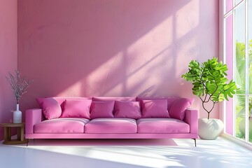 Pink sofa in modern living room with pink wall and plant. 3d rendering