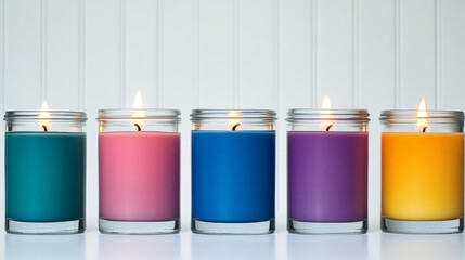 Fototapeta premium Five colorful candles, each in a glass jar, burning brightly.