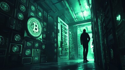 A heist scene in a digital blockchain vault, with a cybercriminal stealthily transferring tokens from wallets into an untraceable dark web account