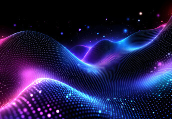 Abstract glowing dots forming a wave on a dark background design, representing digital technology design