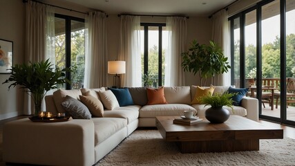 Fototapeta premium Cozy and Modern Living Room with Colorful Cushions, Plush Area Rug, and Lush Indoor Plants