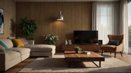 Cozy and Modern Living Room with Colorful Cushions, Plush Area Rug, and Lush Indoor Plants