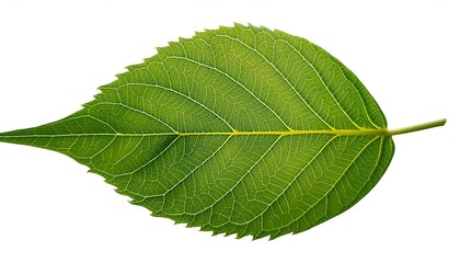 Fototapeta premium A close-up of a single, green leaf isolated on a white background shows its veins and fresh, natural texture