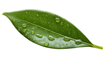 A close-up of a single, green leaf isolated on a white background shows its veins and fresh, natural texture
