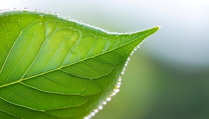 A close-up photo of a green leaf with sparkling water droplets, capturing the fresh beauty of nature