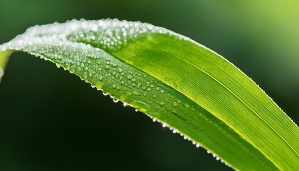A close-up photo of a green leaf with sparkling water droplets, capturing the fresh beauty of nature