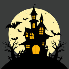 A haunted house silhouette with bats flying above