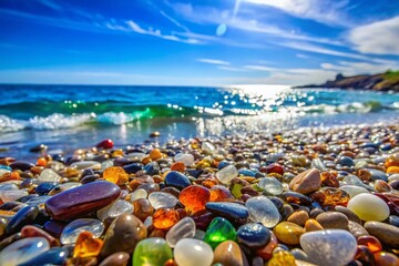 Tranquil Glass Pebble Beach with Colorful Stones and Gentle Waves Under a Clear Blue Sky