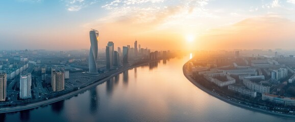 Fototapeta premium Stunning Sunrise Over Urban Skyline A Serene View of a City by the River