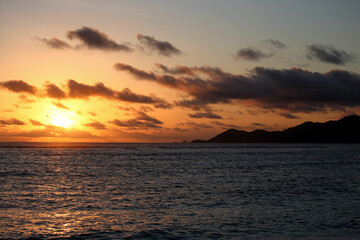 Sunset and evening glow on the beach, Seychelles