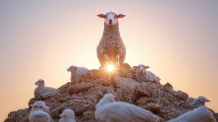 Obraz premium Sheep Flock at Sunset on Rocky Hilltop Nature Animals Landscape Photography