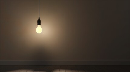 Dark empty room with single flickering light bulb casting long shadows, emphasizing absence of power and eerie atmosphere, minimalist setting with focus on light bulb's glow.