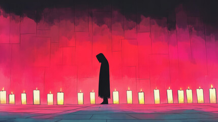 A hooded figure stands alone in a room lit by candles, a somber and mysterious scene.
